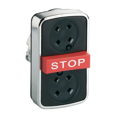 Nærbillede af Schneider Electric Harmony XB4 tryppelhoved, med synlig "STOP" knap og sorte knapper for 22mm installation.