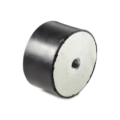Nærbillede af vibrationsdæmper type C, viser vulkaniseret gummi på elforzinket stålskive med M12 gevind.