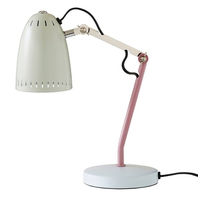 Superliving Dynamo 345 bordlampe i mat rosa, hvid og lyseblå, vist isoleret på hvid baggrund med synlig sort ledning.