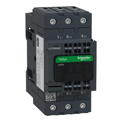 Schneider Electric TeSys D kontaktor 50A 3P med 1NO og 1NC kontakter, 48V AC spole, vist fra skrå vinkel.