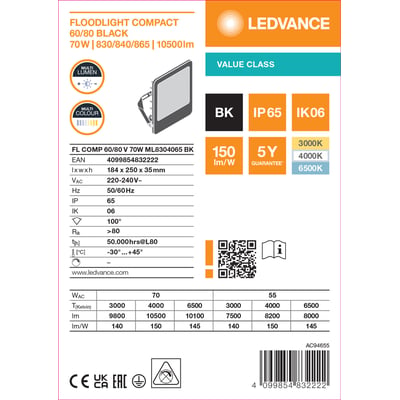 Teknisk specifikationsgrafik for LEDVANCE Floodlight Compact projektør, sort 70 W, med illustration og valgbare lysfarver.