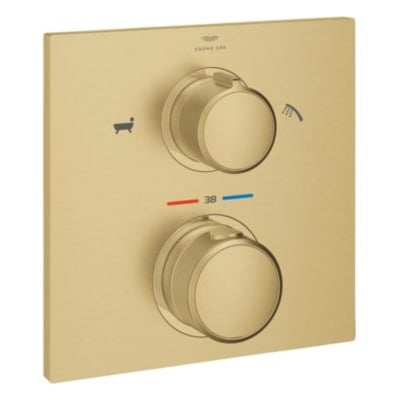 Grohe Allure New Rapido T indbygningstermostat med to runde greb og frontplade i børstet Cool Sunrise.