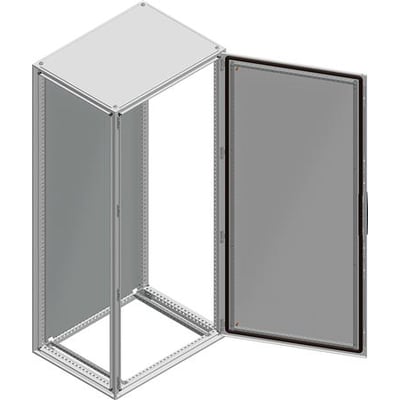 Schneider Electric Spacial SF gulvskab i stål, 1800x1000x400 mm, med monteringsplade og åben dør.