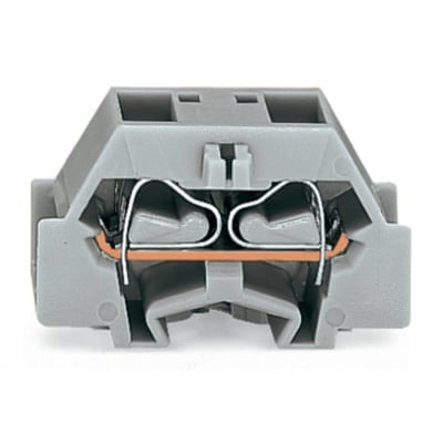 Detaljeret billede af Wago gennemgangsklemme mini, der viser dens interne CAGE CLAMP-mekanisme og grå plastydre.