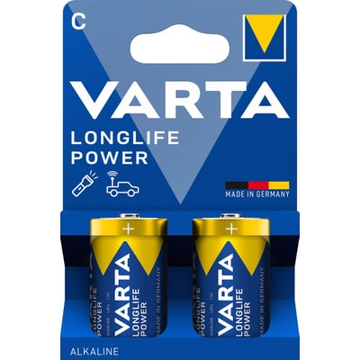 Nærbillede af Varta Longlife Power C LR14 batterier i en 2-pak, der fremviser de enkelte batteriers design med Varta logo og 'Made in Germany'.