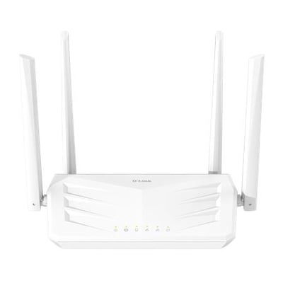 Hvid D-Link S30/E trådløs AX3000-router med Wi-Fi 6 og fire oprejste antenner set forfra.