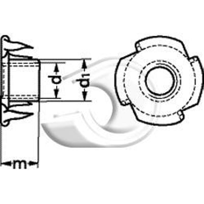 Teknisk tegning af M10 FZB beslagmøtrik med angivelse af dimensioner m, d og d1 samt visning af gevind og pigge.