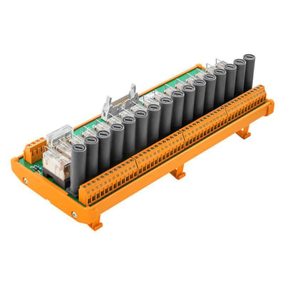Weidmüller interfacemodul med relæ, 20-polet stik og skrueforbindelser, set skråt oppefra med orange sokkel.