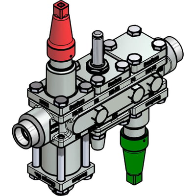 Danfoss Ventilstation ICF 20-6-90 med svejsestuds, stålhus og grønt beskyttelseshætte. Denne 3D-rendering viser stationen i isometrisk perspektiv med synlige bolte og mærkninger.