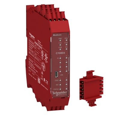Schneider Electric Modicon XPSMCMC10804 sikkerhedskontroller med 8 indgange, 4 OSSD udgange og fjederterminaler, vist med separat stikmodul.