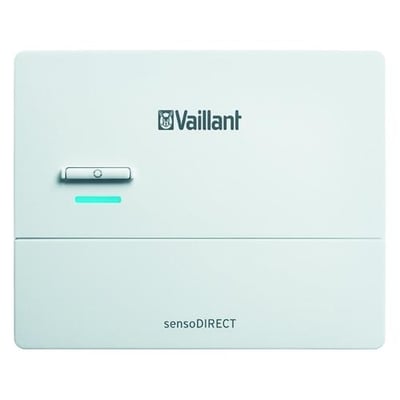 Vaillants sensoDIRECT VRC 710 vejrkompensering til én varmekreds med hvid front, knap og turkis statuslys.