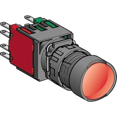 Schneider Electric lampetryk XB6AE4B2B med rød knap og grå frontring, Ø16mm, vist med printkort kontakter på hvid baggrund.