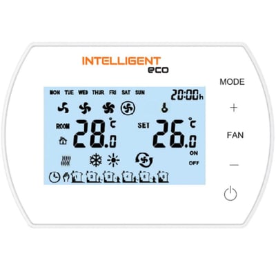 Detaljeret visning af Sonniger ugetermostat RL309 WIFI skærm, der viser ugedage, tid, temperaturer og ikoner for blæserhastighed.