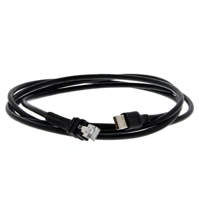 Omron skærmet USB-kabel på 2 meter til HDS-3600/V450-H, sort og oprullet med USB-stik og transparent stik.