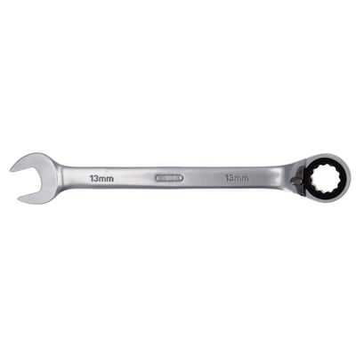 Tecos ringskraldenøgle i krom vanadium stål, 13 mm, 165 mm lang, med omstilbar skralde og 15° vinklet ring. Synlig mærkning '13mm' på begge sider.