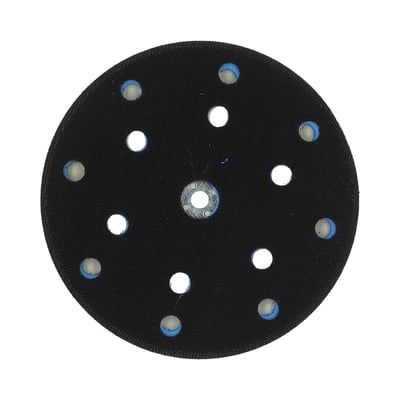 Norton Velcro-bagplade til 150 mm multihulsrondeller, set forfra med sorte velcroflade, udsugningshuller og midtertilslutning.