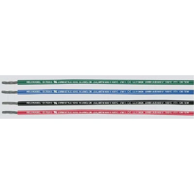 Fire HELUKABEL monteringsledninger i farverne grøn, blå, sort og rød med fortinnet kobberleder og PVC isolering.