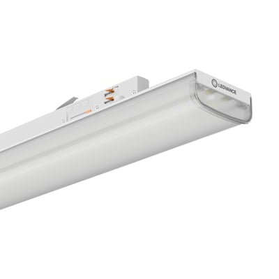 Hvidt LEDVANCE Tracklight Linear-skinnearmatur med opal diffusor, 65 W og 4000 K, set skråt fra enden.