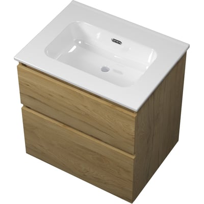 Sanibell Proline møbelsæt 61x46cm med 2 softclose skuffer i ideal eg, med integreret greb og hvid vask.