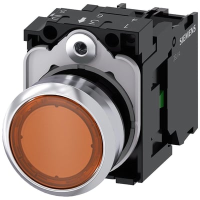 Siemens oplyst trykknap 22mm rund i metal, skinnende orange med 1 NO kontakt og integreret LED 24V.