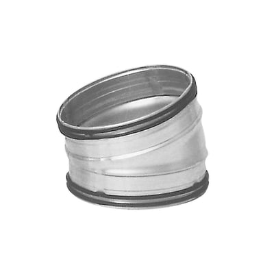 Nærbillede af en Lindab BFU 400mm galvaniseret stål bøjning med 15 graders vinkel isoleret på hvid baggrund.