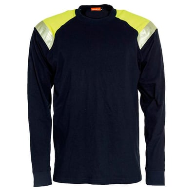 Tranemo Workwear langærmet t-shirt i marine og hi-vis gul, størrelse 2XL, set forfra med refleksfelter på skuldrene.