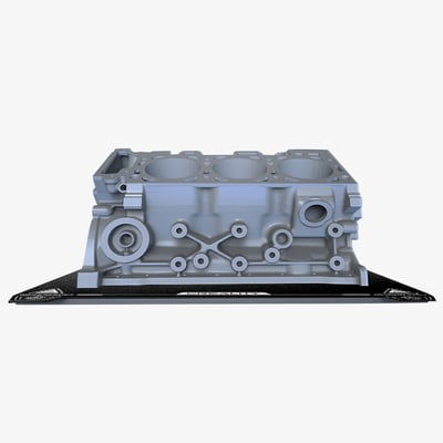 Creality 3D K1 Max PEI-byggeplade på 315 x 310 mm med en grå 3D-printet motormodel stående ovenpå.