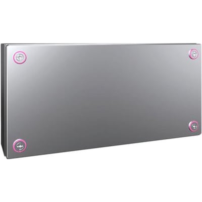 Rittal KX klemkasse i rustfrit stål 400x200x120 mm, med låg og fire synlige pink beslag til fastgørelse.