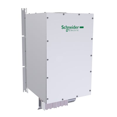 Schneider Electric passivt filter 122A, 460V, 60Hz, THDi 10% til ATV600, N4 og N4E, vist med monteringsbeslag på hvid baggrund.