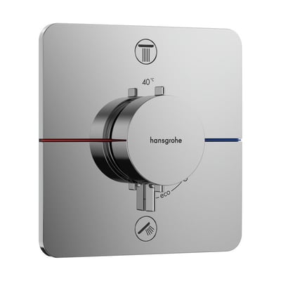 Frontvisning af Hansgrohe ShowerSelect Comfort termostatbatteri i krom med firkantet design og 1-grebs betjening, der viser temperaturindstilling og Eco-funktion.