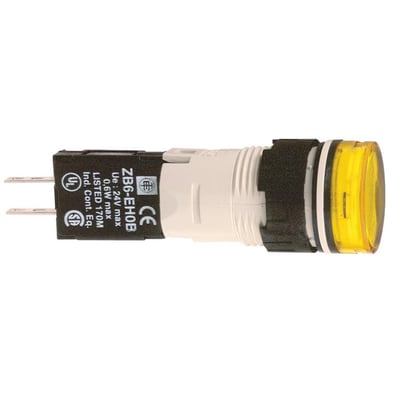 Nærbillede af Schneider Electric signallampe ZB6-EH0B, viser tekniske specifikationer og gul LED-lygte.