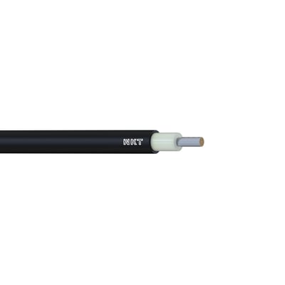 Sort NKT-solcellekabel H1Z2Z2-K 1x6 med synlig lys isolering og flertrådet leder i den afisolerede ende.