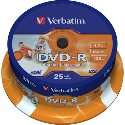 Verbatim DVD-R med 16x hastighed, 4,7 GB og printbar AZO-overflade på en orange og blå spindel.