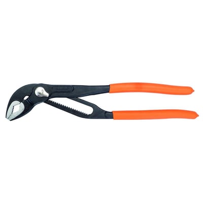 Bahco Quick-Adjust vandpumpetang på 250 mm med orange, PVC-dyppede håndtag og sort metal. Tangen er vist med åben kæbe for at vise dens ribbestruktur.
