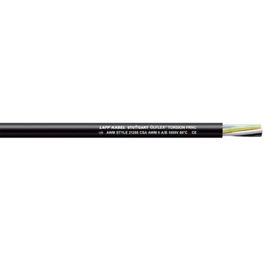 Lapp Olflex Torsion FRNC 12G1 kabel, et sort, torsionsbestandigt kabel med farvekodede ledere indeni, trykt mærkning med 'LAPP KABEL STUTTGART ÖLFLEX® TORSION FRNC'.