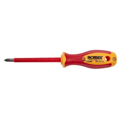 Ironside VDE-skruetrækker PH1 med 80 mm klinge og rødt skaft samt rød-gult håndtag, set fra siden.
