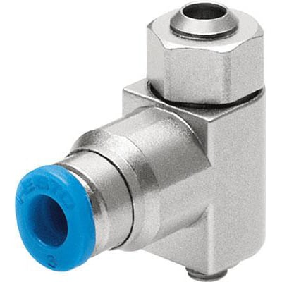 Festo drøvle-kontraventil GRLZ-M5-QS-4-LF-C med drejeled, viser QS-4 tilslutning med blå plastring og M5 gevindstud.