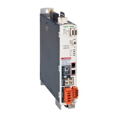 Schneider Electric LXM52 enkel drive servodrev, 12A og 400V, med tydelige mærkninger og stikterminaler.