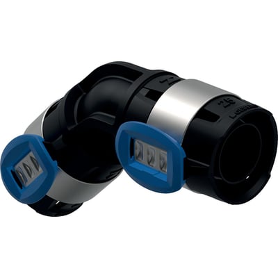 Detaljeret gengivelse af Geberit FlowFit 45° bøjning, 32mm, fremhæver samlingsmekanismen og materialer.