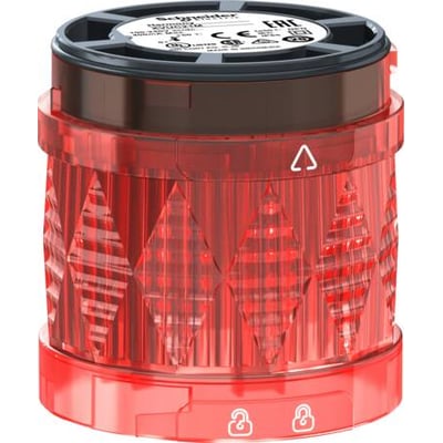 Schneider Electric XVU-lystårn Ø60, rødt blinkende LED-modul på 24V. Synlig fra fronten med mærkat og certificeringer.