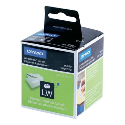 Emballage med DYMO LabelWriter-adresseetiketter i hvid, 28 x 89 mm, vist på en sort og grøn æske.