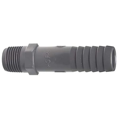 Grå PVC slangestuds med 3/8" udvendigt gevind og 16mm slangestuds, egnet til 10 bar tryk.