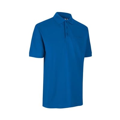 ID Identity Pro Wear Azur poloshirt i størrelse 5XL, vist med brystlomme og blå knapper på hvid baggrund.