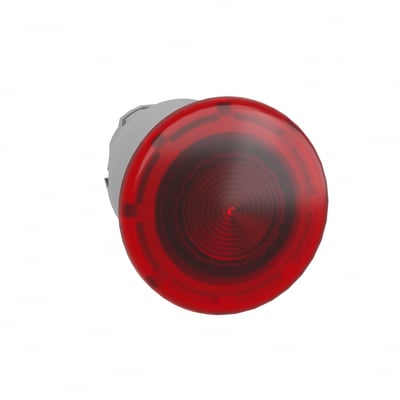 Nærbillede af et rødt trykknaphoved fra Schneider Electric, 40 mm i diameter, med integreret LED og svampeformet design.