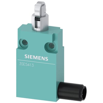 Siemens SIRIUS 3SE5 positionsafbryder med turkis kabinet, rullestempel øverst og sort M12-stik.