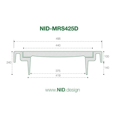 Teknisk tegning af NID-MRS425D karm/dæksel, viser dimensioner i mm, belastningsklasse D400 og materialeinformation.