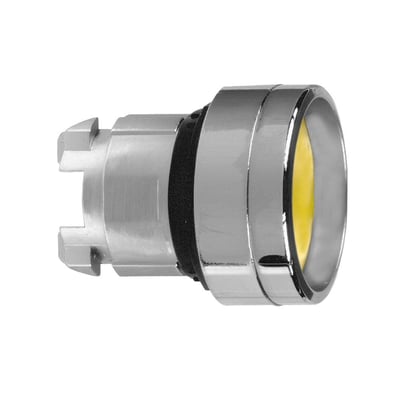 Schneider Electric trykknaphoved ZB4, gul og forsænket, med Ø22mm diameter og krom detaljer.
