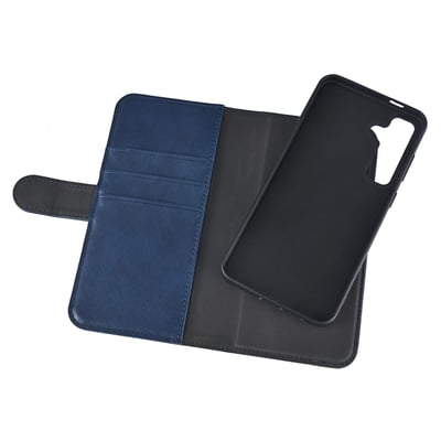 Samsung Galaxy S24 FE PU wallet åben, viser det aftagelige magnetiske cover og tre kortlommer i mørkeblå vegansk læder.