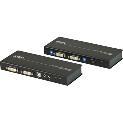 ATEN CE604-systemforlænger i sort med sender og modtager til DVI-D, USB, seriel forbindelse og lyd over Cat5e.