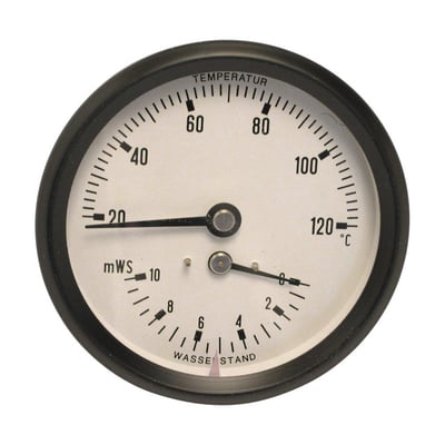 Termo-hydrometer med sortlakeret stålhus, der kombinerer vandsøjlemåler (0-10 mWS) og termometer (20-120°C).